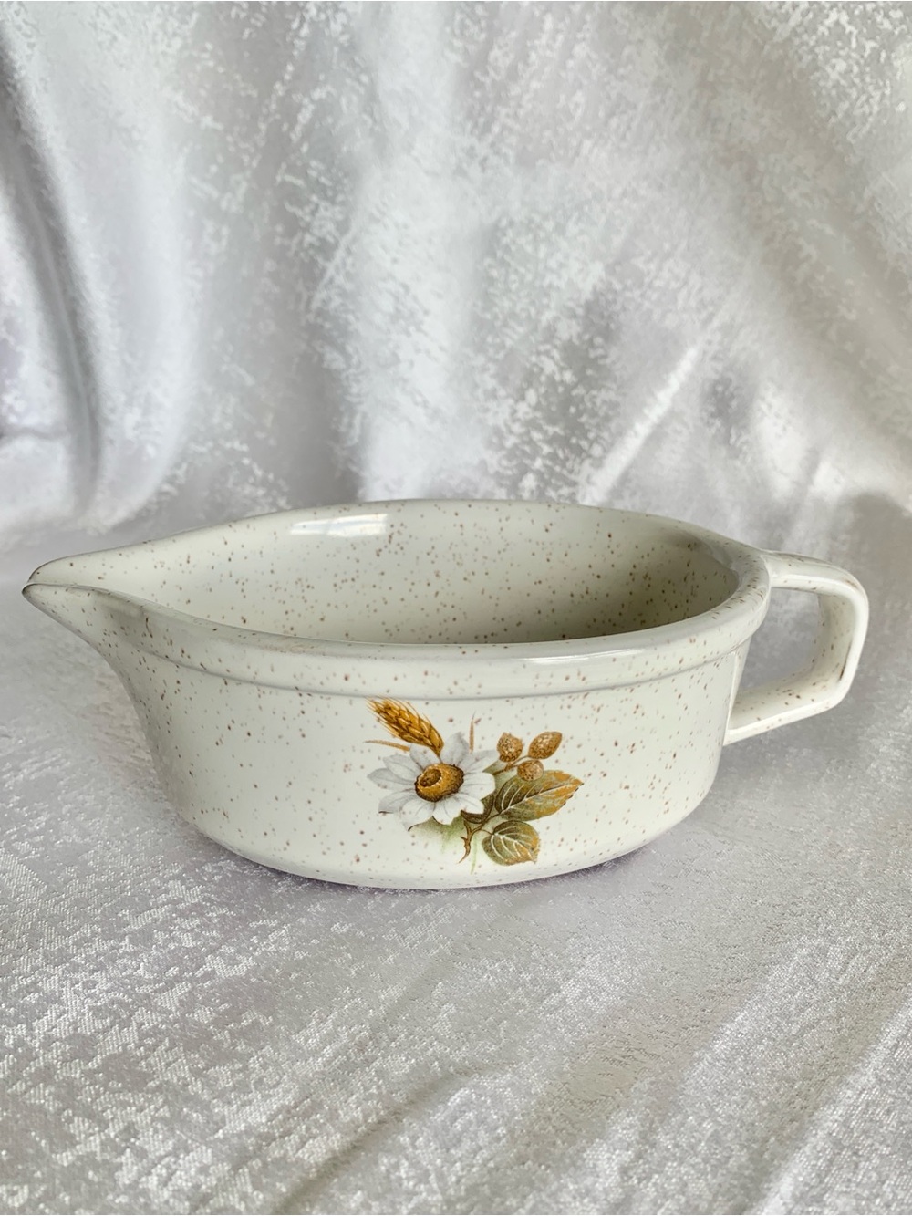 Vintage Speckled Ceramic Gravy Boat with Floral Accent